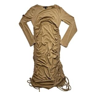 Forever 21 Dress Womens Large Tan Ruched Long Sleeve Bodycon Adjustable Side Tie